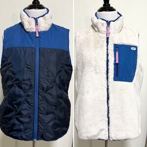 Abercrombie & Fitch Quilted Faux Fur Reversible Vest M Blue White Preppy Cozy